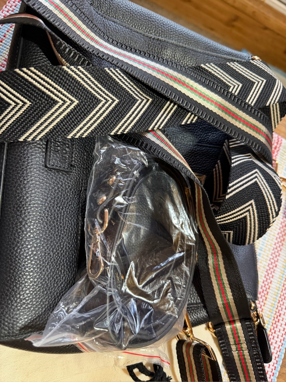 Black Men's Messenger Bag with Patterned Straps